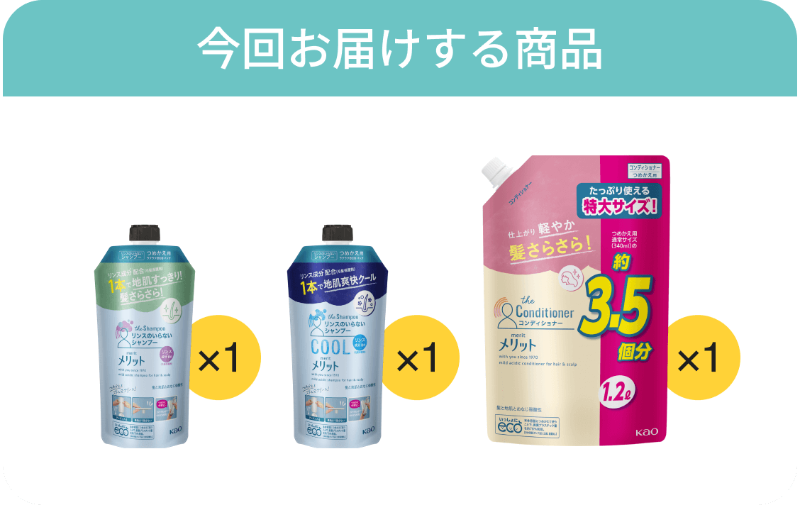今回お届けする商品
メリット リンスのいらないシャンプー詰め替え用 ×1
メリット リンスのいらないシャンプー クール 詰め替え用 ×1
メリット コンディショナー 詰め替え用1200ml ×1
